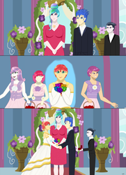 Size: 2303x3175 | Tagged: safe, artist:daringtiger, apple bloom, flash sentry, princess celestia, rumble, scootaloo, sunset shimmer, sweetie belle, equestria girls, g4, bride, clothes, cutie mark crusaders, dress, female, flower girl, flower girl dress, high res, male, marriage, ship:flashimmer, shipping, straight, suit, tuxedo, wedding, wedding dress