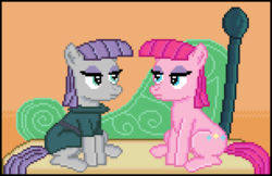 Size: 765x495 | Tagged: safe, artist:8-bitbrony, maud pie, pinkie pie, earth pony, pony, g4, rock solid friendship, brown background, female, impersonating, lidded eyes, looking at each other, mare, pixel art, simple background, sisters, sitting