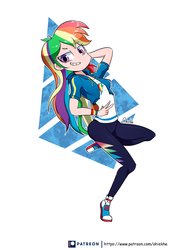 Size: 2805x4096 | Tagged: safe, artist:ohiekhe, rainbow dash, equestria girls, equestria girls series, arm behind head, clothes, converse, female, human coloration, jacket, link, looking at you, pants, patreon, patreon logo, peace sign, raised leg, shoes, simple background, smiling, smirk, sneakers, solo, the legend of zelda, white background