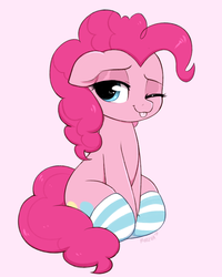 Size: 2860x3579 | Tagged: safe, artist:moozua, pinkie pie, earth pony, pony, g4, :p, chubby, clothes, cute, diapinkes, female, floppy ears, high res, mare, one eye closed, pink background, silly, simple background, sitting, smiling, socks, solo, striped socks, tongue out, wink