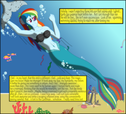 Size: 2000x1805 | Tagged: safe, artist:physicrodrigo, part of a set, rainbow dash, rarity, angler fish, fish, mermaid, narwhal, series:equestria mermaids, equestria girls, g4, my little pony equestria girls: better together, anchor, armpits, belly button, black eye, breasts, bubble, busty rainbow dash, clothes, coral, earfins, escape, evil smile, gloating, grin, implied fight, mermaidized, ocean, offscreen character, papyrus, part of a series, rainbow douche, seashell bra, smiling, solo focus, species swap, speech bubble, story included, text box, this will not end well, thoughts, torn clothes, underwater, villainous delights