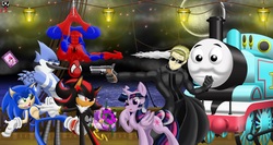 Size: 10550x5616 | Tagged: safe, artist:brodogz, twilight sparkle, alicorn, blue jay, hedgehog, human, pony, spiders and magic: rise of spider-mane, g4, albert wesker, antagonist, boat, commission, crack shipping, crossover, crossover shipping, female, flower, gun, jealous, lamp, male, margaret, marvel, marvel comics, marvel vs capcom 3, mass crossover, moon, mordecai, mordetwi, night, ocean, picture frame, regular show, resident evil, satire, shadow the hedgehog, shadtwi, ship, shipping, shipping war, sonic the hedgehog, sonic the hedgehog (series), spider web, spider-man, spidertwi, straight, superhero, thomas the tank engine, train, twilight sparkle (alicorn), twilight sparkle gets all the stallions, twisonic, weapon