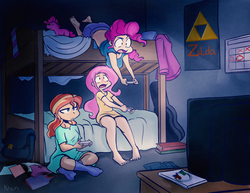 Size: 1100x850 | Tagged: safe, artist:kprovido, fluttershy, pinkie pie, sunset shimmer, human, g4, adorasexy, backpack, barefoot, bunk bed, clothes, commission, cute, eyes on the prize, feet, female, gamer pinkie, gamer sunset, gamershy, humanized, mario kart, mario kart wii, midriff, nightgown, pajamas, panties, pink underwear, room, sexy, shirt, shirt lift, sleepwear, socks, tank top, television, the legend of zelda, the pose, triforce, undershirt, underwear, video game, wii