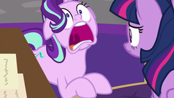 Size: 1280x720 | Tagged: safe, screencap, starlight glimmer, twilight sparkle, alicorn, pony, unicorn, g4, the beginning of the end, concerned, desk, duo, female, floppy ears, frown, mare, mawshot, open mouth, panic, reformed starlight, twilight sparkle (alicorn), twilight's office, uvula, wide eyes