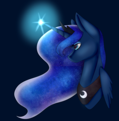 Size: 1792x1831 | Tagged: safe, artist:amcirken, princess luna, alicorn, pony, g4, blue background, bust, ethereal mane, female, galaxy mane, glowing horn, horn, jewelry, mare, no mouth, regalia, simple background, solo, starry mane