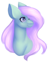 Size: 1969x2463 | Tagged: safe, artist:amcirken, oc, oc only, oc:snowy sweetheart, pony, big ears, bust, female, hair over one eye, mare, one eye closed, simple background, smiling, solo, transparent background
