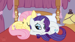 Size: 444x250 | Tagged: artist needed, safe, fluttershy, rarity, pegasus, pony, unicorn, g4, bed, behaving like a cat, cute, eyes closed, female, in love, lesbian, love, otp, pair, room, ship:flarity, shipping, sleeping, sleeping together, snuggling