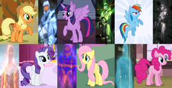 Size: 1665x860 | Tagged: safe, edit, edited screencap, screencap, applejack, fluttershy, pinkie pie, rainbow dash, rarity, twilight sparkle, alicorn, pony, a dog and pony show, fall weather friends, g4, stare master, the ticket master, three's a crowd, twilight's kingdom, artificial intelligence, cropped, delta, epsilon, gamma, hologram, mane six, omega, project freelancer, red vs blue, rvb, sigma, theta, twilight sparkle (alicorn)