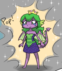 Size: 731x842 | Tagged: safe, artist:tadpoledraws, spike, dragon, human, g4, barb, breasts, cleavage, clothes, cropped, crying, dress, humanized, rule 63, scales, sexy, smiling, spikette, strapless, super crown, tailed humanization, toadette, winged spike, wings