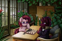 Size: 3509x2350 | Tagged: safe, artist:pridark, oc, oc only, earth pony, pony, unicorn, chair, chess, clothes, high res, indoors, scenery, sitting, suit, table