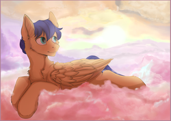 Size: 2222x1575 | Tagged: source needed, useless source url, safe, artist:mecaw, oc, oc only, oc:crushingvictory, pony, chest fluff, cloud, fluffy, folded wings, hoof fluff, neck fluff, not flash sentry, smiling, sunset