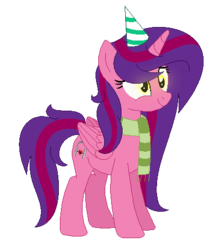 Size: 402x463 | Tagged: safe, artist:darbypop1, oc, oc only, oc:alyssa rice, alicorn, pony, alicorn oc, clothes, female, hat, mare, party hat, scarf, simple background, solo, transparent background