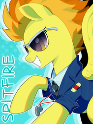 Size: 911x1208 | Tagged: safe, artist:oxy-diamond, spitfire, pegasus, pony, g4, abstract background, clothes, female, gritted teeth, polo shirt, smiling, solo, sunglasses, teeth, title, uniform, whistle, wonderbolts uniform