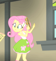 Size: 548x603 | Tagged: safe, screencap, fluttershy, equestria girls, g4, my little pony equestria girls: rainbow rocks, animated, female, gif, gritted teeth, looking at something, musical instrument, solo, tambourine, teeth, window