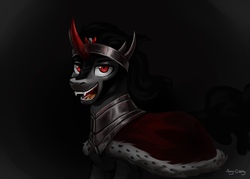 Size: 2560x1829 | Tagged: safe, alternate version, artist:ami-gami, king sombra, pony, unicorn, g4, armor, crown, dark, dark background, fangs, horn, jewelry, looking at you, male, open mouth, red horn, regalia, signature, simple background, smiling, solo, teeth