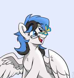 Size: 609x641 | Tagged: safe, artist:rutkotka, oc, oc only, oc:kezzie, butterfly, pegasus, pony, commission, female, glasses, looking at something, mare, open mouth, simple background, smiling, solo, spread wings, teeth, white background, wings, ych result