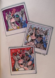 Size: 1545x2168 | Tagged: safe, artist:serodart, oc, oc:angela allur, oc:bricky lester, earth pony, pony, unicorn, female, kissing, lesbian, magic, makeup, open mouth, photo, photos, polaroid, selfie, shipping, smiling, traditional art