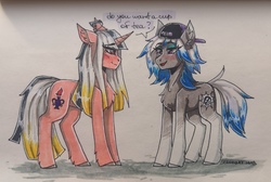 Size: 1794x1207 | Tagged: safe, artist:serodart, oc, oc:angela allur, oc:bricky lester, earth pony, pony, unicorn, cap, duo, ear fluff, female, hat, lesbian, shipping, smiling, text, traditional art