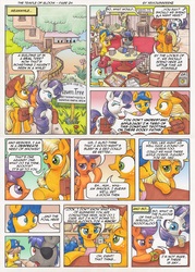 Size: 3495x4885 | Tagged: safe, artist:xeviousgreenii, applejack, rarity, scootaloo, oc, oc:diskette drives, oc:raven tree, pony, comic:the temple of bloom, g4, cider mug, comic, eyepatch, female, juice, juice box, male, mare, mug, spit take, stallion