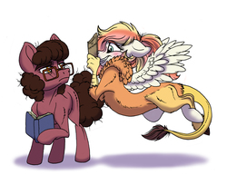 Size: 5880x4548 | Tagged: safe, artist:celestial-rainstorm, oc, oc only, oc:harmonic chord, oc:rock candy, draconequus, earth pony, hybrid, pony, absurd resolution, book, glasses, interspecies offspring, male, offspring, parent:cheese sandwich, parent:discord, parent:fluttershy, parent:pinkie pie, parents:cheesepie, parents:discoshy, simple background, stallion, white background