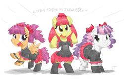 Size: 1500x974 | Tagged: safe, artist:flutterthrash, apple bloom, scootaloo, sweetie belle, earth pony, pegasus, pony, unicorn, g4, adorabloom, babymetal, boots, clothes, cute, cutealoo, cutie mark crusaders, diasweetes, female, filly, pigtails, ponytail, shoes, skirt, skirtaloo, trio