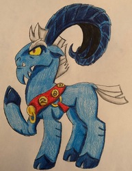 Size: 2481x3211 | Tagged: safe, artist:bozzerkazooers, grogar, g4, the beginning of the end, cloven hooves, colored pencil drawing, high res, looking at something, male, ram, rasied hooves, simple background, solo, traditional art, white background