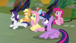 Size: 1920x1080 | Tagged: safe, screencap, applejack, fluttershy, pinkie pie, rainbow dash, rarity, twilight sparkle, alicorn, pony, g4, the beginning of the end, female, looking at something, lying, mane six, raised hoof, sitting, twilight sparkle (alicorn)