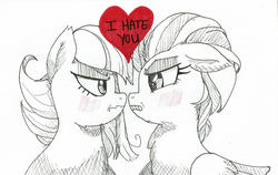 Size: 1280x810 | Tagged: safe, artist:tragic-seti, lightning dust, limestone pie, earth pony, pegasus, pony, g4, black and white, blatant lies, blushing, chest fluff, female, grayscale, gritted teeth, heart, lesbian, limedust, limetsun pie, love, mare, monochrome, partial color, shipping, traditional art, tsundere, tsundust, wavy mouth