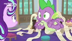 Size: 1920x1080 | Tagged: safe, screencap, spike, starlight glimmer, dragon, pony, g4, the beginning of the end, cabinet, chair, discovery family logo, flying, looking at each other, scroll, winged spike, wings, worried