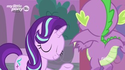 Size: 1920x1080 | Tagged: safe, screencap, spike, starlight glimmer, dragon, pony, g4, the beginning of the end, discovery family logo, eyes closed, flying, looking at each other, plant, raised hoof, winged spike, wings