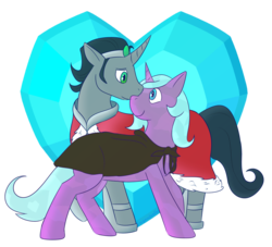 Size: 1100x1000 | Tagged: safe, artist:enigmadoodles, idw, king sombra, radiant hope, crystal pony, pony, unicorn, g4, cape, cloak, clothes, crystal heart, female, heart, jewelry, looking at each other, male, mare, nuzzling, reformed sombra, regalia, ship:hopebra, shipping, simple background, smiling, stallion, straight, transparent background