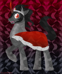 Size: 1000x1200 | Tagged: safe, artist:enigmadoodles, king sombra, pony, unicorn, g4, abstract background, jewelry, looking at you, male, open mouth, raised hoof, red eyes, regalia, signature, solo, stallion