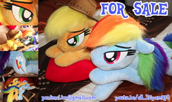 Size: 4320x2560 | Tagged: safe, artist:ponimalion, applejack, rainbow dash, pegasus, pony, g4, bed, bedroom eyes, couch, female, folded wings, freckles, hat, irl, life size, lying, lying on bed, mare, photo, plushie, sofa bed, wings