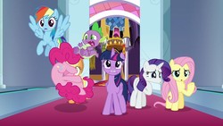Size: 1280x720 | Tagged: safe, screencap, applejack, fluttershy, pinkie pie, rainbow dash, rarity, spike, twilight sparkle, alicorn, dragon, earth pony, pegasus, pony, unicorn, g4, the beginning of the end, canterlot throne room, claws, cutie mark, falling, female, male, mane seven, mane six, mare, twilight sparkle (alicorn), winged spike, wings