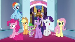 Size: 1280x720 | Tagged: safe, screencap, applejack, fluttershy, pinkie pie, rainbow dash, rarity, spike, twilight sparkle, alicorn, dragon, earth pony, pegasus, pony, unicorn, g4, the beginning of the end, canterlot throne room, claws, cutie mark, eyes closed, female, male, mane seven, mane six, mare, twilight sparkle (alicorn), winged spike, wings