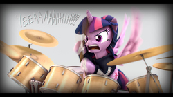 Size: 9600x5400 | Tagged: safe, artist:imafutureguitarhero, artist:tjpones, sci-twi, twilight sparkle, alicorn, pony, g4, 2d to 3d, 3d, absurd file size, absurd resolution, adaptation, adidas, angry, bandage, black bars, chromatic aberration, clothes, colored eyebrows, drum kit, drum set, drumming, drums, drumsticks, exclamation point, female, film grain, freckles, frown, glare, hair bun, hoodie, hoof hold, horn, letterboxing, mare, monochrome, motion blur, musical instrument, open mouth, recursive fanart, sci-twilicorn, signature, simple background, solo, source filmmaker, text, twilight sparkle (alicorn), wallpaper, white background, wings, yeah, yelling