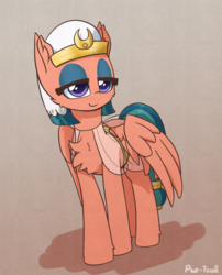 Size: 996x1230 | Tagged: safe, artist:puetsua, somnambula, pegasus, pony, g4, chest fluff, clothes, ear fluff, female, headdress, lidded eyes, mare, smiling, solo, wings