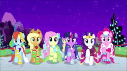 Size: 600x338 | Tagged: safe, edit, edited screencap, screencap, apple bloom, applejack, big macintosh, bon bon, fluttershy, granny smith, king sombra, mayor mare, pinkie pie, rainbow dash, rarity, scootaloo, spike, starlight glimmer, sweetie belle, sweetie drops, twilight sparkle, dragon, earth pony, pegasus, pony, unicorn, g4, the beginning of the end, the best night ever, animated, clothes, cutie mark crusaders, discovery family logo, dress, gala dress, glowing eyes, mane six, mind control, sombrafied, unicorn twilight