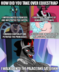 Size: 640x780 | Tagged: safe, edit, edited screencap, screencap, cozy glow, king sombra, lord tirek, queen chrysalis, storm king, changeling, changeling queen, pegasus, pony, unicorn, g4, my little pony: the movie, school raze, the beginning of the end, to where and back again, twilight's kingdom, antagonist, caption, discussion in the comments, female, filly, foal, image macro, stupid sexy sombra, text