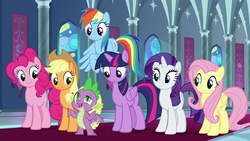 Size: 1280x720 | Tagged: safe, screencap, applejack, fluttershy, pinkie pie, rainbow dash, rarity, spike, twilight sparkle, alicorn, dragon, earth pony, pegasus, pony, unicorn, g4, the beginning of the end, female, male, mane seven, mane six, mare, twilight sparkle (alicorn), winged spike, wings