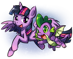 Size: 1280x1024 | Tagged: safe, artist:スカイ, spike, twilight sparkle, alicorn, dragon, pony, g4, duo, female, flying, happy, male, mare, twilight sparkle (alicorn), winged spike, wings
