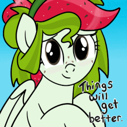 Size: 849x849 | Tagged: safe, artist:sjart117, oc, oc only, oc:watermelana, pegasus, pony, animated, barely animated, blue background, blushing, female, freckles, gif, looking at you, mare, motivational, positive ponies, simple background, solo, speech