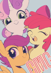 Size: 1378x1971 | Tagged: safe, artist:setoya, apple bloom, scootaloo, sweetie belle, earth pony, pegasus, pony, unicorn, g4, bow, cute, cutie mark crusaders, eyes closed, female, filly, floppy ears, gray background, hair bow, looking at you, open mouth, pixiv, simple background, smiling, teeth, trio