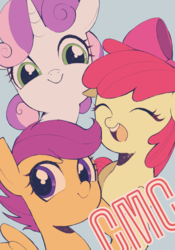 Size: 1378x1971 | Tagged: safe, artist:setoya, apple bloom, scootaloo, sweetie belle, earth pony, pegasus, pony, unicorn, g4, bow, cute, cutie mark crusaders, eyes closed, female, filly, floppy ears, gray background, hair bow, looking at you, open mouth, simple background, smiling, teeth, trio