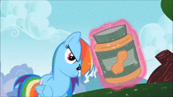 Size: 1280x720 | Tagged: safe, screencap, rainbow dash, pegasus, pony, g4, the mysterious mare do well, animated, biting, cracking joints, female, food, horse problems, implied amethyst star, jar, magic, peanut butter, peanut butter jar, rainbow dork, solo, sound, telekinesis, webm