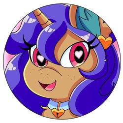 Size: 600x600 | Tagged: safe, artist:dirty_foxxx, oc, oc:comet dawn, cat pony, original species, pony, unicorn, collar, ear piercing, earring, heart eyes, horn, jewelry, looking at you, open mouth, piercing, unicorn oc, wingding eyes