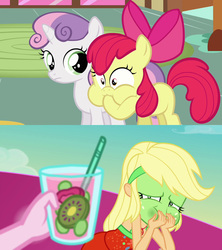 Size: 1920x2160 | Tagged: safe, edit, edited screencap, screencap, apple bloom, applejack, pinkie pie, sweetie belle, earth pony, pony, unicorn, equestria girls, equestria girls specials, g4, hearts and hooves day (episode), my little pony equestria girls: better together, my little pony equestria girls: spring breakdown, female, filly, green face, puffy cheeks, seasickness, smoothie