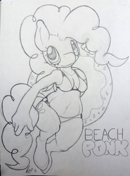 Size: 562x758 | Tagged: safe, artist:fionthebunny, pinkie pie, earth pony, anthro, unguligrade anthro, g4, belly button, bikini, breasts, cleavage, clothes, female, grayscale, inner tube, looking up, monochrome, ponk, sketch, solo, swimsuit, traditional art