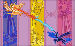 Size: 924x564 | Tagged: safe, artist:8-bitbrony, daybreaker, nightmare moon, alicorn, pony, a royal problem, g4, armor, blast, crown, female, fight, flying, hoof shoes, jewelry, magic, magic blast, mane of fire, mare, regalia, sisters, stained glass, wings