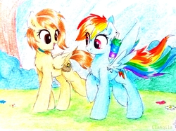 Size: 2322x1741 | Tagged: safe, artist:liaaqila, rainbow dash, oc, pegasus, pony, g4, duo, female, grass, mare, smiling, traditional art, tree